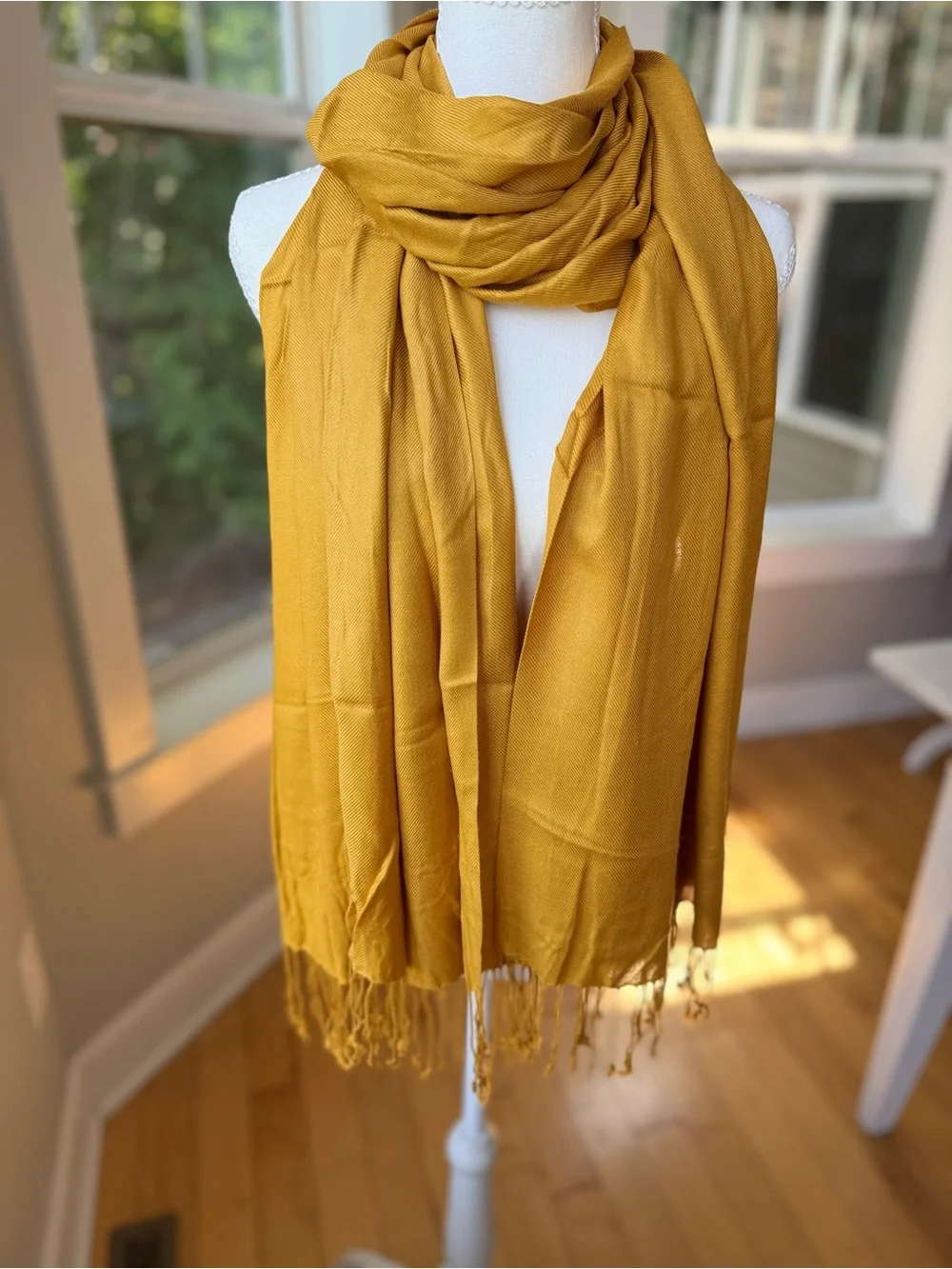 Vintage Mustard Yellow Gold Rectangular Scarf with Fringe